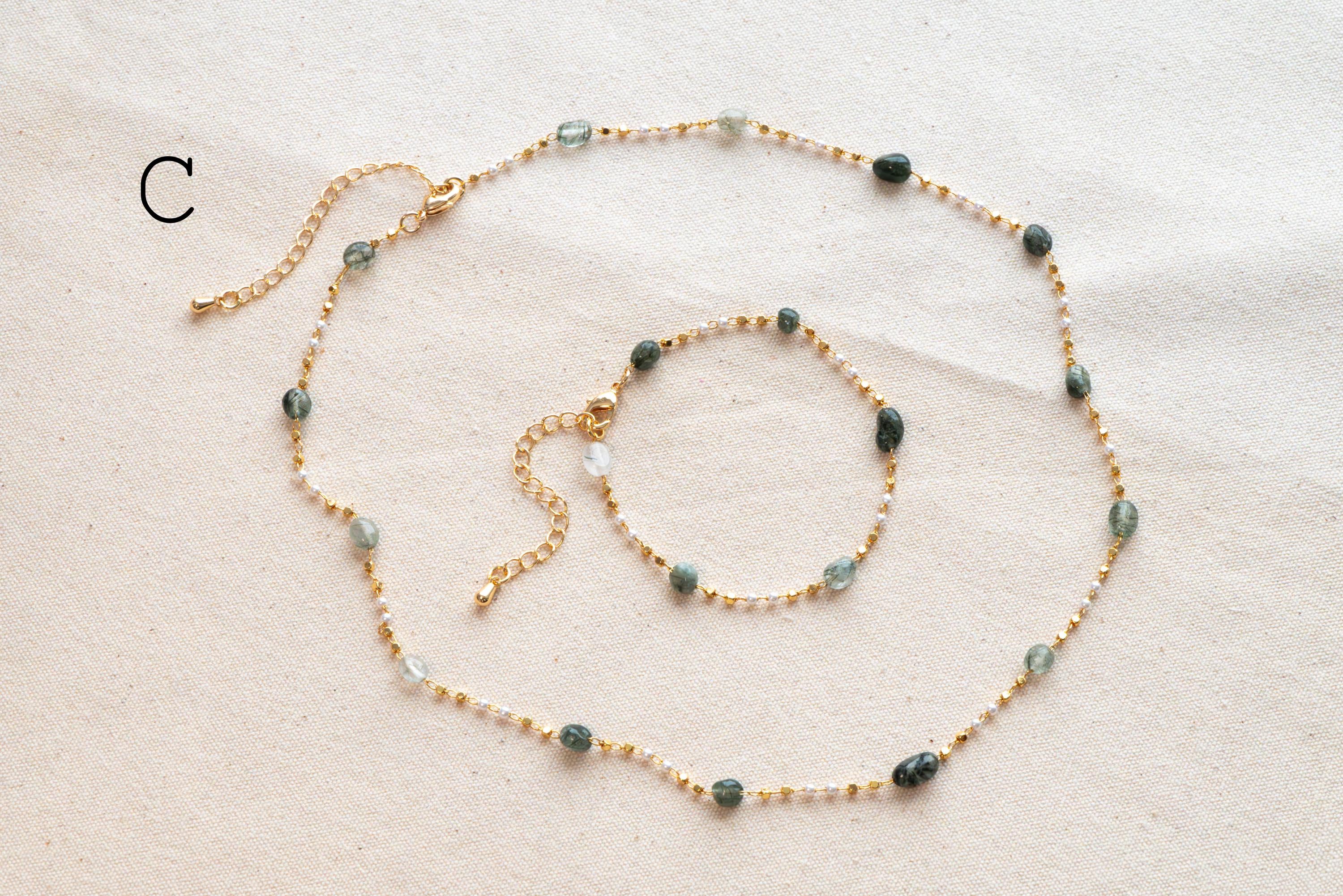 Natural Gemstone faux Pearl Chain Bracelet Necklace Anklet, Gold Beaded Jewelry, Minimalist Layering Chain, Jewelry Supplies (#LK-625)